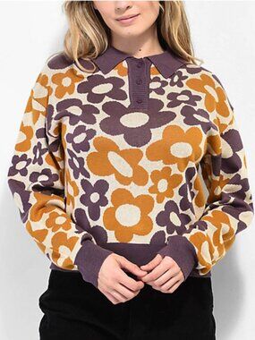 ALAB Mackie Purple Floral Collared Knit Sweater Medium Mod Retro Boho Funky